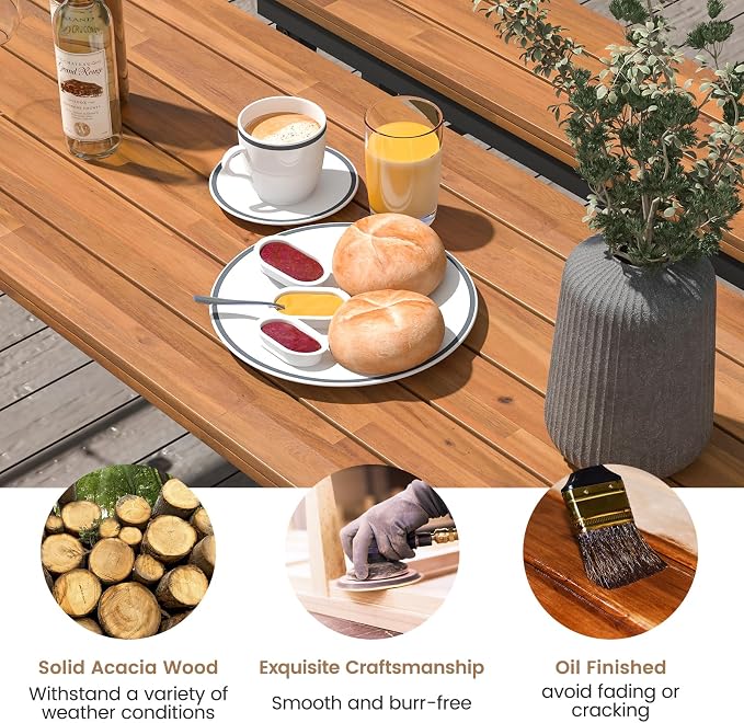 HAPPYGRILL Folding Picnic Table Acacia Wood Dining Table with Metal Frame, Portable Camping BBQ Table, Rectangular Dining Table for Indoor Outdoor Activities Garden Yard Patio