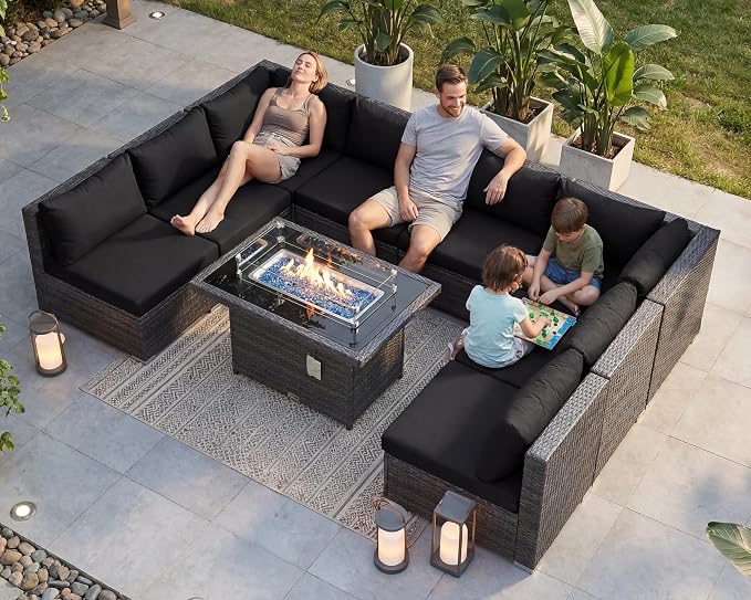 BULEXYARD 9 Pieces Highback Wicker Patio Furniture Set with Firepit, High Weight Capacity Outdoor Sectional Couch Sofa 8-Seater Modular, Plus Comfortable Wide Deep Deck Seating Group, Grey & Black