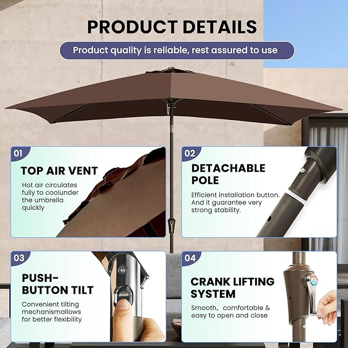 Ayge 6.5x10FT Rectangular Patio Umbrella Outdoor Table Umbrella w/Push Button Tilt & Crank Rectangle Market Umbrella UV Protection for Garden,Deck,Lawn,Yard & Pool,Brown