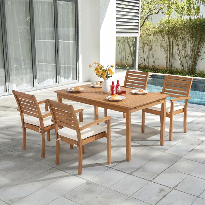OC Orange-Casual 5 Piece Patio Dining Set, Outdoor Acacia Wood Furniture Set, Extendable Rectangular Solid Table and 4 Stackable Chairs for Lawn Backyard Deck, White Cushion