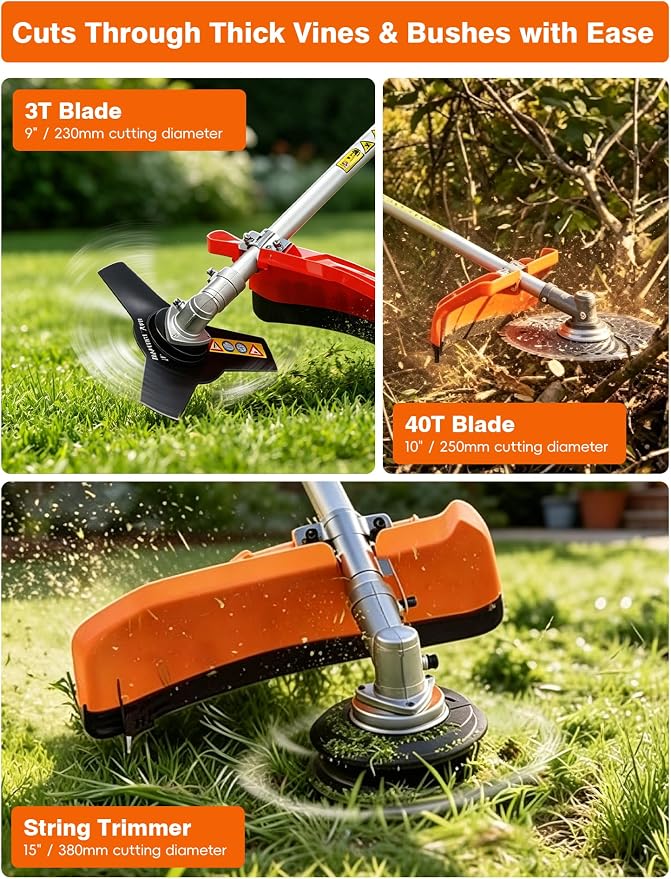5-in-1 Gas Lawn Mower & Brush Cutter | 52CC 2-Cycle Cordless Trimmer with 43'' Extendable Pole | 2.3KW Weed Wacker, Chainsaw, Edger for Home Yard & Garden Maintenance Orange