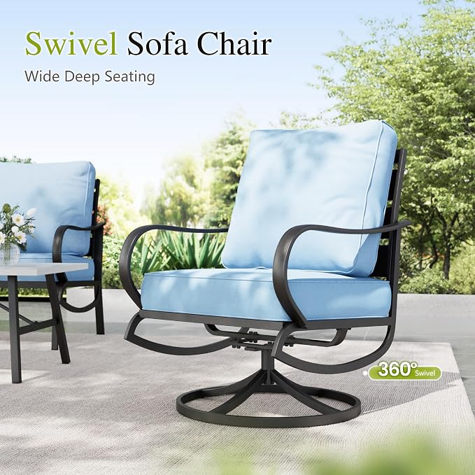 Sophia & William Patio Furniture Sets with 45" Gas Fire Pit Table Outdoor Metal Conversation Sets for 5, 2 x Swivel Cushioned Patio Sofa Chairs, 1 x 3-Seat Sofa 4 Pieces for Lawn Backyard Blue