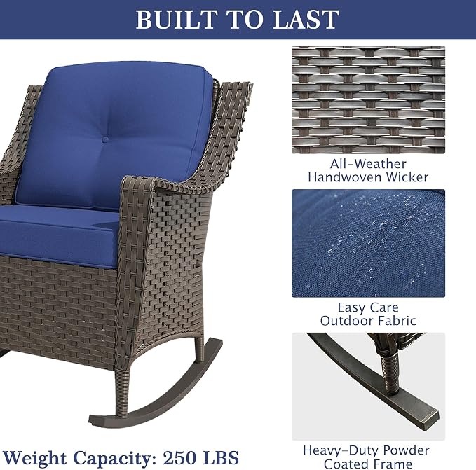 3 Pieces Patio Rocking Chairs, 2 High Back PE Rattan Furniture Set and Side Table, Outdoor Wicker Furniture Set, All Weather Patio Set with Waterproof Cushion for Porch and Deck