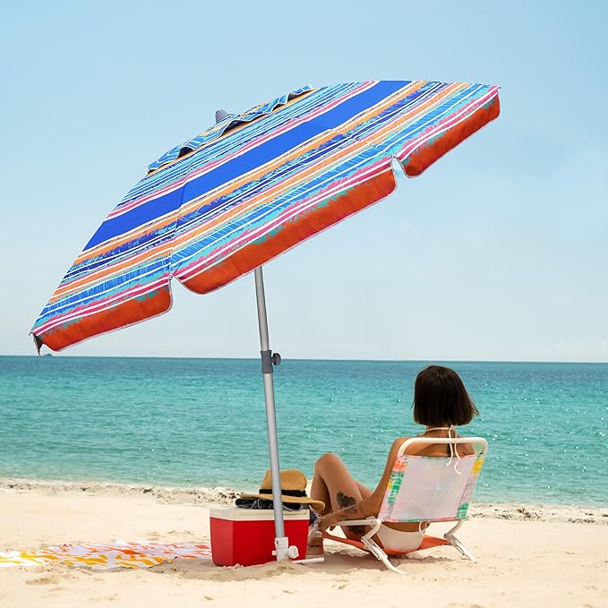 AMMSUN 7ft Beach Umbrella with Sand Anchor Portable Outdoor Patio Sun Shelter UPF50+ Protection & Tilt Aluminum Pole Air Vent with Carry Bag for Beach Patio Garden Outdoor Multicolor Blue