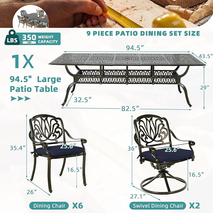 MEETWARM 9-Piece Outdoor Patio Dining Set, All Weather Cast Aluminum Patio Funiture Table and Chairs Set- 94.5” Rectangular Table and 2 Swivel Rocker Chairs, 6 Stationary, Umbrella Hole, Navy Blue