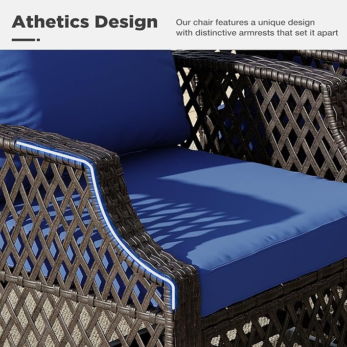 HOMREST 3 Piece Outdoor Swivel Chair Set, Wicker Patio Bistro Set with Thickened 25D Cushions and Glass Coffee Table, Patio Furniture Conversation Set for Deck, Yard, Garden, Poolside(Navy Blue)