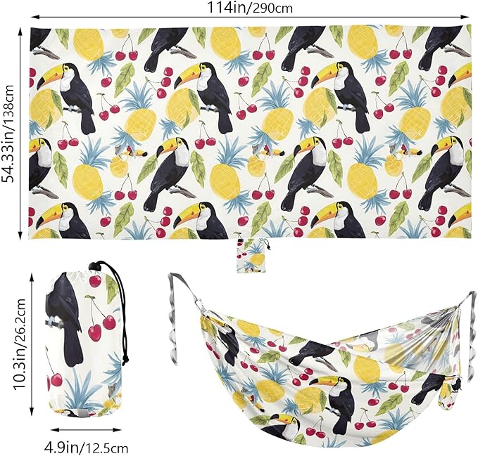 Camping Hammock Outdoor Hammocks for Outside Toucan Cherry Pineapple Beach Trees Portable Lightweight with Pockets Tree Straps Indoor Small