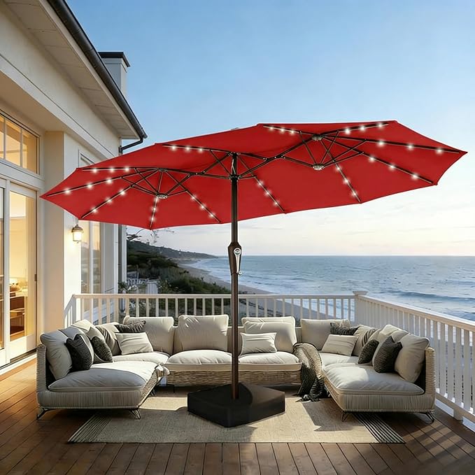 15FT Patio Umbrella with Solar Lights, Double-Sided Extra Large Outdoor Table Umbrella with Base Included, Heavy-Duty 12 Iron Ribs Market Umbrella for Garden, Pool, Backyard, Red