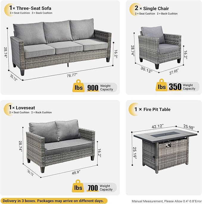 ovios 5 Pieces Patio Furniture Set, Outdoor Wicker Rattan Sofa Couch with 42" Fire Pit Table, Loveseat Chairs, Conversation Sets for Yard Porch Garden, Dark Grey