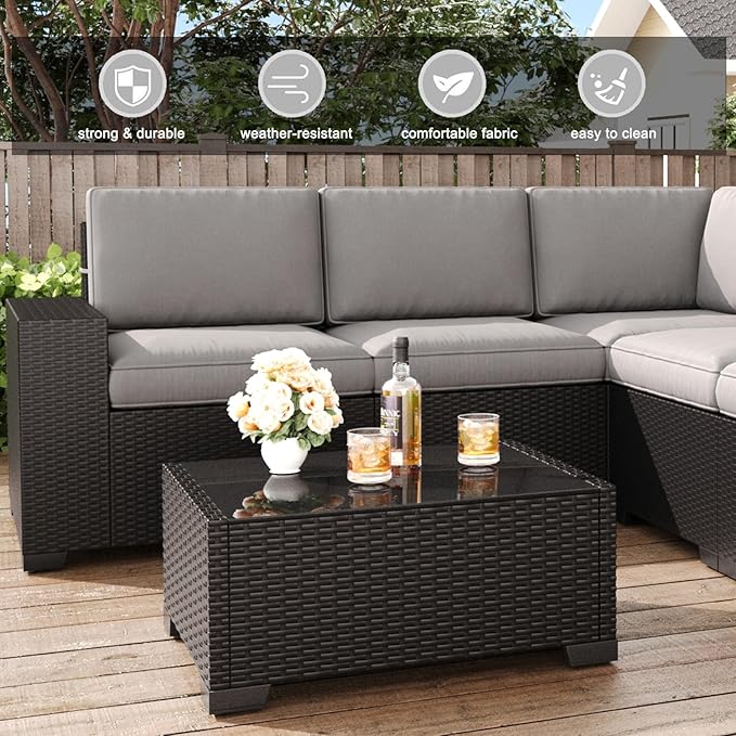 LayinSun 13 Pieces Patio Furniture Set with Fire Pit Table, Black Rattan Modular Sectional Patio Conversation Sofa Set