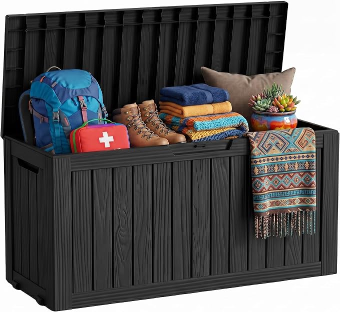 90 Gallon Deck Box Outdoor Storage Box Waterproof & Resin For Patio Furniture,Outdoor Cushions,Garden Tools and Pool Supplies Black