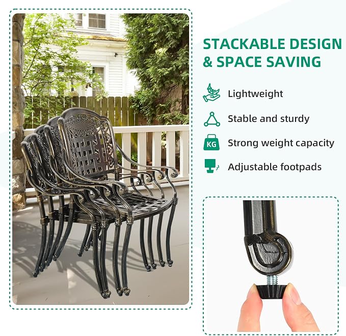 VIVIJASON 9-Piece Patio Furniture Dining Set, All-Weather Cast Aluminum Outdoor Conversation Set, Include 6 Stationary Chairs, 2 Swivel Dining Chairs, Oval Table with Umbrella Hole, Navy Blue Cushion