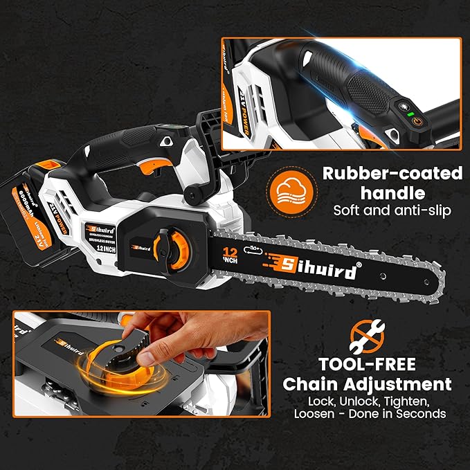 Sihuird 12-Inch Cordless ChainSaw, Brushless Motor Electric Chainsaw with 2 x 21V 6.0Ah Battery and Charger, with LED lighting and Tool-free Chain Tension & Auto Lubrication for Tree, Wood Cutting