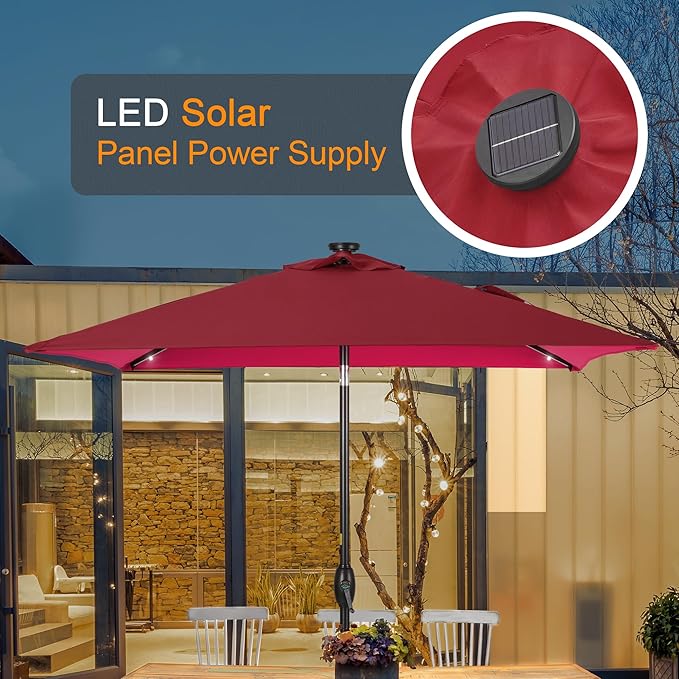 Square Patio Umbrella With Solar Lights, 6.5x6.5ft Square Umbrella Outdoor Patio with Tilt and Crank for Pool, Deck, Garden,Backyard