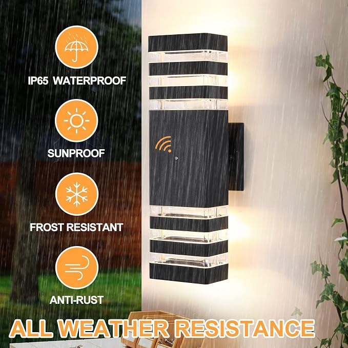 Dusk to Dawn Outdoor Wall Lights 2 Pack, 3000K Warm White Front Porch Light Fixture, Anti-Rust Black LED Up and Down Outdoor Lights for House