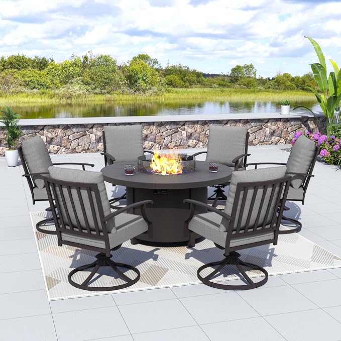 Kurapika 7 Piece Metal Moden Outdoor Patio Furniture Set with Round Fire Pit Table, Patio Conversation Sets 6 Swivel Chairs with Thick Cushion and 40000 BTU Fire Pit Table, for Yard Deck, Grey