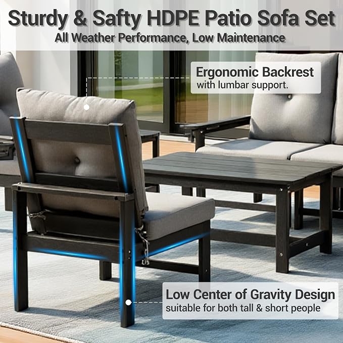 HDPE Outdoor Patio Furniture Set, 7 PCs All Weather Performance Patio Conversation Set w/Back and Seat Cushions, Free Combination Outdoor Furniture for Patio, Lawn, Poolside, Backyard, Grey