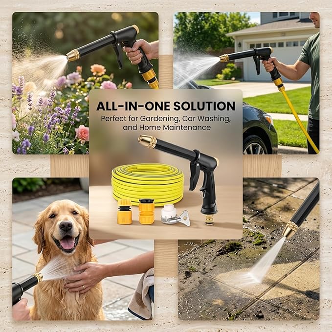 Sakerplus Multifunctional Car Wash Tool, 360° Adjustable Nozzle, High Pressure Water Hose Nozzle withTrigger Lock for Car Washing Patio Irrigation (H2 Long Spray Gun + 3 Connectors)