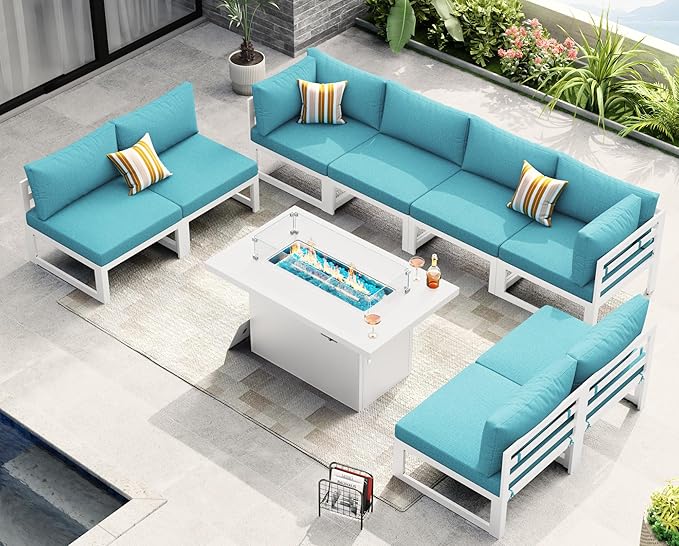 NICESOUL 9 Piece L-Shaped Contemporary Aluminum Outdoor Furniture Set with Firepit, 29" Deep Wide Large Couch Set, 500 lbs High Weight Capacity Modular Patio Sectional Sofa for Garden Terrace, Teal
