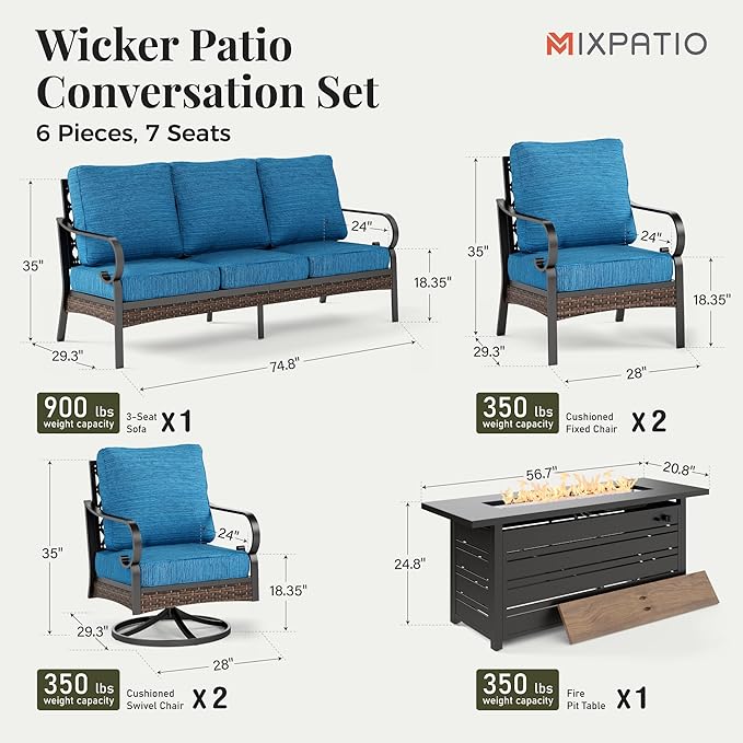 Patio Furniture Set with Fire Pit Table, Metal Outdoor Conversation Set with 5.75'' Extra Thick Cushion, 2 Swivel Chairs, 2 Leg Chairs, 3-Seat Sofa and Gas Fire Pit Table, Pacific Blue