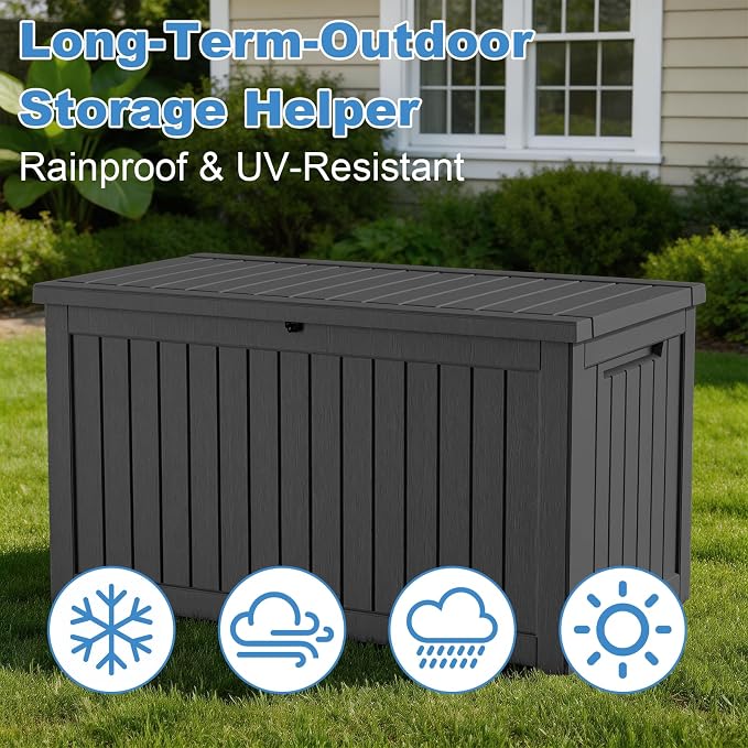 Outdoor Waterproof Resin Storage Deck Box Lockable Outside Bench UV Resistant Bin Patio Porch Furniture Pool Float Garden Tool Cushion (Black, 280 Gallon)