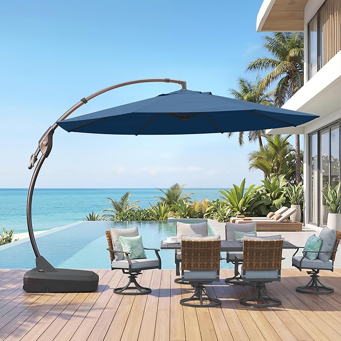 Grand patio 12FT Outdoor Offset Umbrella with Base & Cover Patio Aluminum Round Cantilever Umbrella for Garden Deck Poolside (Navy Blue, 12 FT)