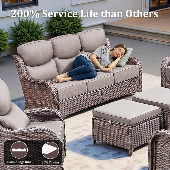 3 Pieces Patio Furniture Sofa Set with 6" Thick Cushions, High Back Wicker Sectional Outdoor Sofa with Ottoman, Outdoor Conversation Set for Balcony Deck Porch Backyard, Brown/Grey