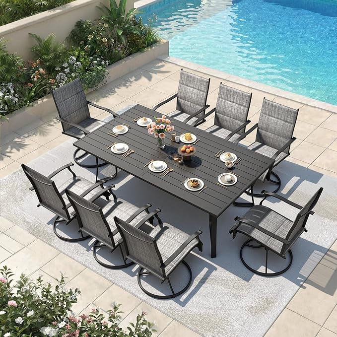 9 Pieces Patio Table and Chairs Set, 75.6" Metal Dining Table with Umbrella Hole, 8 High Back Textilene Swivel Chairs,Dining Table Set for 8, Outdoor Furniture for Porch Deck Yard Balcony, Grey