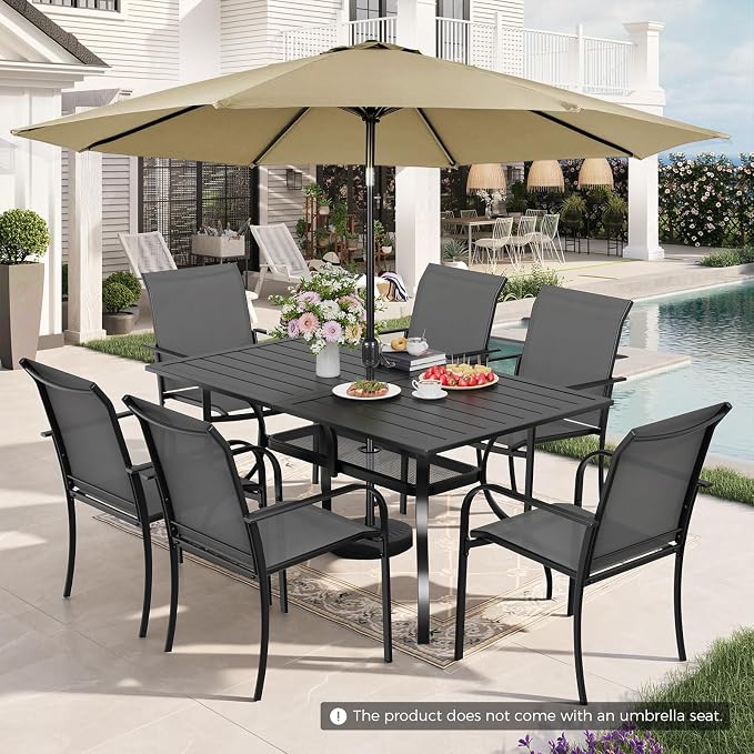 Incbruce 8 Pieces Patio Dining Set with Brown Umbrella, Outdoor Dining Set of 6 Textilene Chairs and Rectangle Table with Umbrella Hole for Backyard, Garden, and Poolside (Grey)