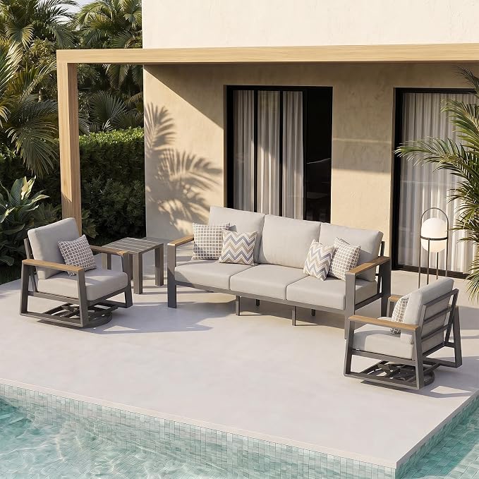 Aluminum Outdoor Patio Furniture Set, 4-Piece Patio Conversation Set with 5" Thick Cushions, Aluminum 360-Degree Large Outdoor Furntiure Set with Side Table and 3-Seat Sofa, Gray