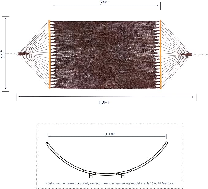 Original Saniwerke Caribbean Hammock, 79 Inch Wide x 12 Ft Long, Wooden Spreader Bars, Outdoor Relaxation, All Weather, Stainless Steel Ring and Chain, Double Person (Rich Mocha)