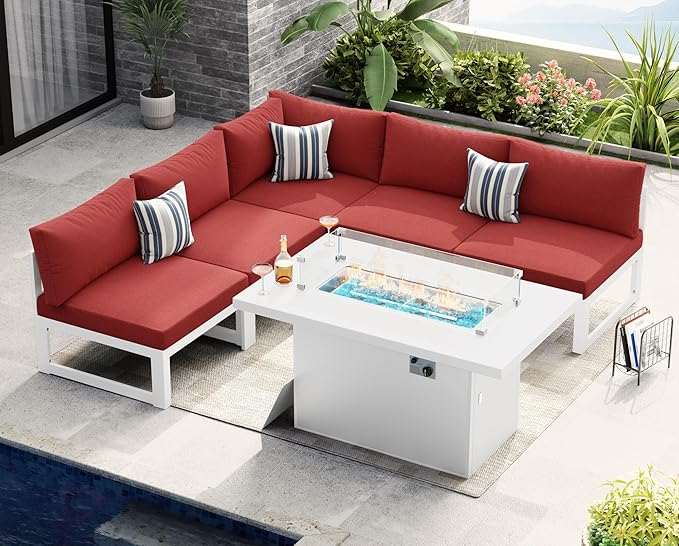 NICESOUL 5 People Large Luxury Aluminum Patio Conversation Set with Fire Pit Table Propane/Gas, 29" Deep Wide L Shaped Sectional Couch, 500 lbs Heavy Duty All Weather Outdoor Sofa for Backyard, Red