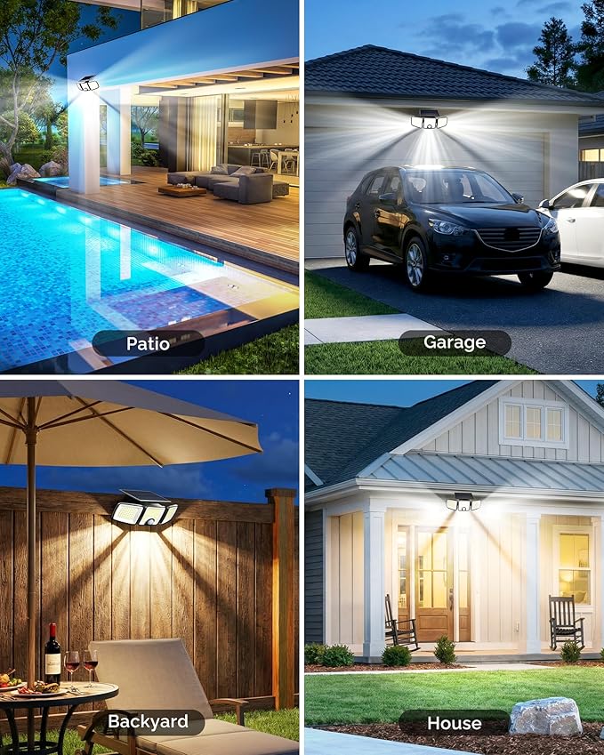 Brightown 1 Pack Solar Outdoor Lights with Motion Sensor, 223 LED 3 Head 270° Wide Angle Street Area Security Lights with Remote, IP65 Waterproof Flood Wall Lights with 3 Modes for Yard Outside