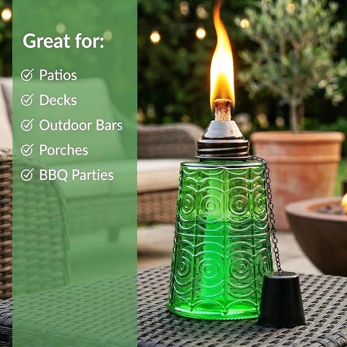 Seraphic Citronella Table Top Torches for Outdoor Patio, 16oz Decorative Glass Torch Citronella Candles for Outside Deck, Garden, Parties, Set of 3, Green