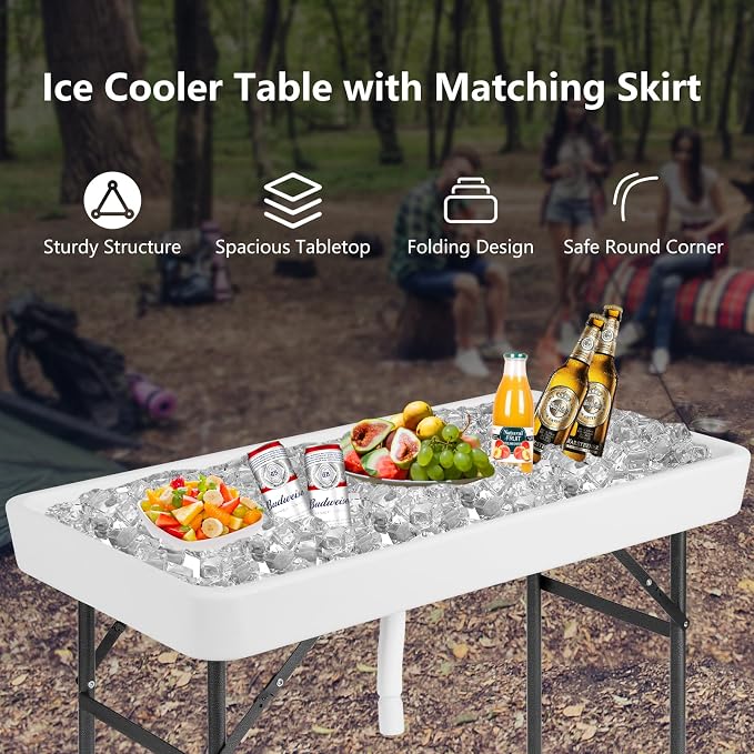 4FT Ice Cooler Table, Outdoor Deep Ice Table w/Matching Skirt, Powder Coated Metal Legs, Patio Ice Tables for Parties with Drain, Party Ice Bin Table for Wedding, Tailgating, Camping & Picnic