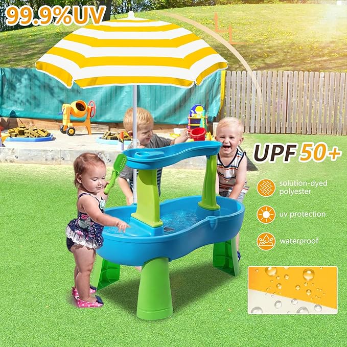 Kids Water Table Umbrella and Cover, Heavy-Duty 600D Waterproof Anti-UV Dustproof Water Table Cover with Umbrella, Compatible with Step2 Rain Showers Splash Pond Water Table, Yellow