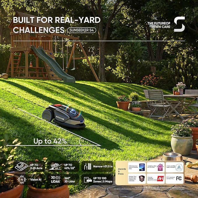 Sunseeker S4 LiDAR Robot Lawn Mower for Up to 0.25 Acre (1000 m²), Vision AI + 360° 3D LiDAR Navigation, Wire-Free Virtual Boundary, Systematic Cutting, 42% Slope, App Control, 60 dB Quiet Mowing