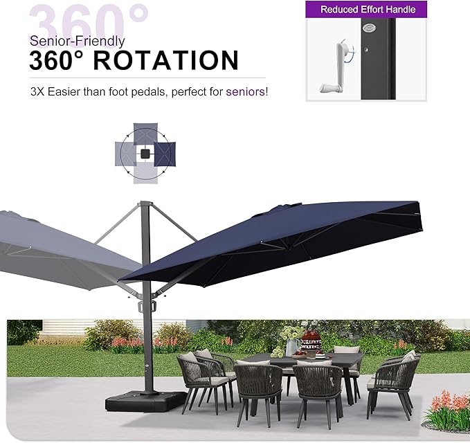 PURPLE LEAF 12 FT Square Patio Umbrella with Wheeled Base Large Offset Hanging Outdoor Cantilever Umbrella Included Base for Garden Deck Backyard Pool Navy Blue