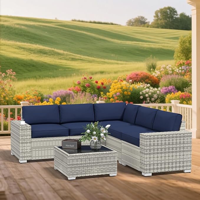SHGJ&SOFT 6pcs Outdoor Patio Furniture Set, Waterproof Wicker Outdoor Sectional Couch with Thick Cushions, All-Weather Rattan Sectional Sofa