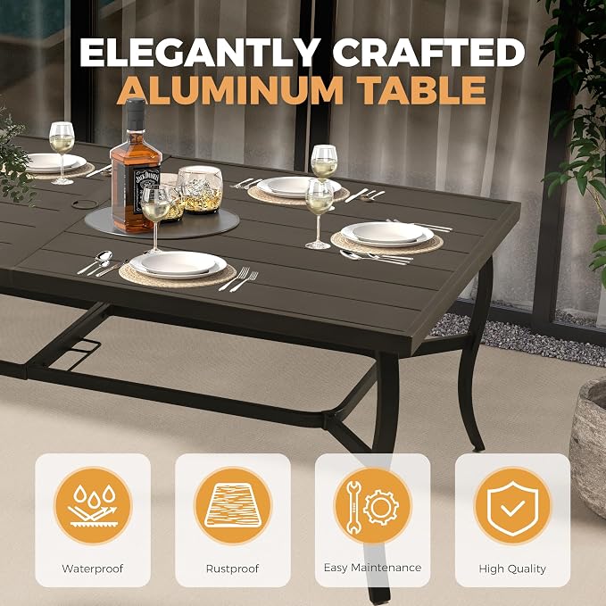 HAPPATIO Outdoor Dining Table for 8, Aluminum Rectangle Outdoor Dining Table with Umbrella Hole, All-Weather Aluminum Patio Dining Table for Garden Yard Poolside, Only Table, Black