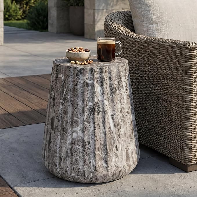 Modern Outdoor Side Table Round Concrete Side Tables with Faux Stone Finish,MGO Fluted Patio End Table for Living Room Garden Balcony,Fully Assembled,Grey Brown