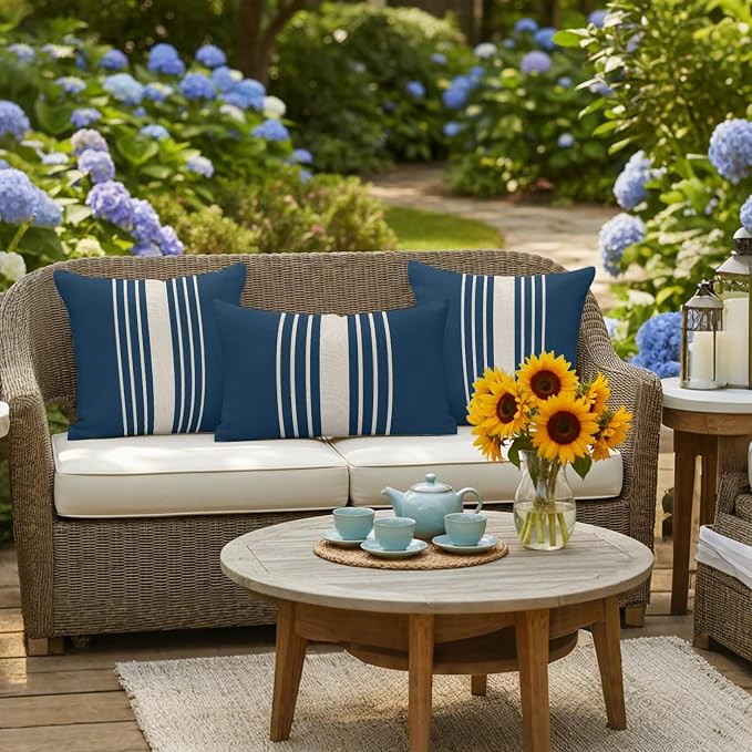 Navy Blue Beige Striped Outdoor Pillow Covers 26x26 Inch Throw Pillow Covers Set of 2 Waterproof Decorative Pillow Cases Modern Farmhouse Retro Lines Cushion Covers for Patio Furniture Garden Couch
