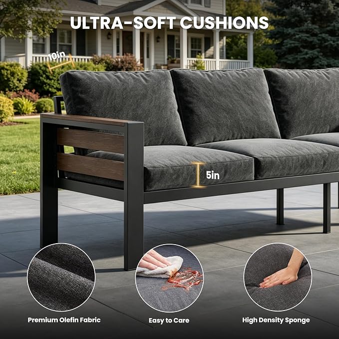 SUNYRISY Aluminum Outdoor Patio Furniture Sofa, All-Weather Outdoor Patio Sofa Couch with Thick Olefin Cushion for Porch, Deck, Backyard, Lawn, Pool