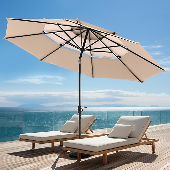 PHI VILLA 10ft Outdoor Patio Umbrella for Outside, 3 Tier Vented Round Market Table Umbrella Windproof for Backyard, Deck, Garden, Beige & Tan(No Base)