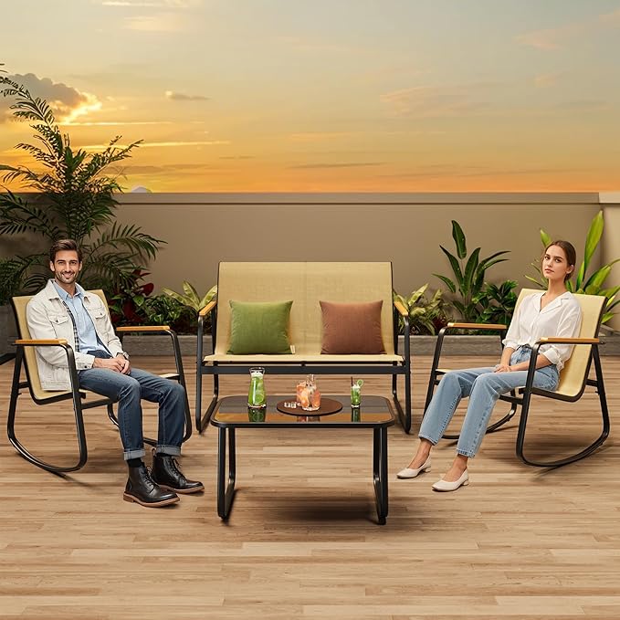 Ahomly Outdoor Patio Furniture Set 4 Pieces, Conversation Textilene Fabric Chairs with Coffee Table Rocking Chairs Bistro Set for Backyard, Poolside, Porch (Brown)