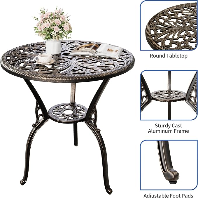 23" Round Cast Aluminum Patio Bistro Table, Outdoor Coffee Bistro Side Table with Umbrella Hole, Antique Design Dining Desk for Backyard, Garden, Porch, Pool, Balcony, Bronze