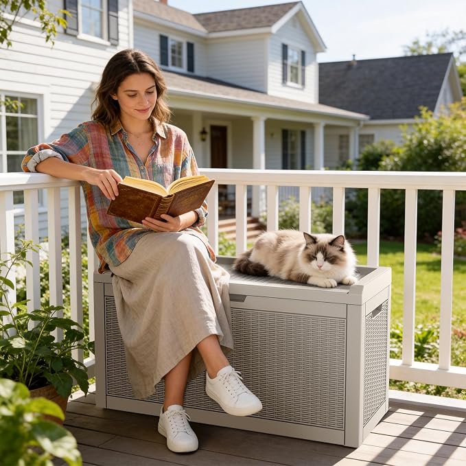 Mars Villa 60 Gallon Deck Box with Seat, Resin Outdoor Storage Box Waterproof, Lockable Lid, Weatherproof and UV Resistant, for Patio Furniture Cushions, Pool Supplies, Garden Tools, Grey