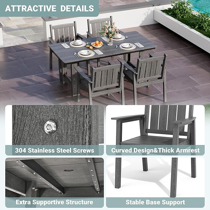 Pamapic 5-Piece Outdoor Dining Set, HDPE Outdoor Rectangular Table and 4 Chairs, Wood Grain Patio Furniture Sets with Armrest, All-Weather Patio Dining Table with Umbrella Hole, Gray