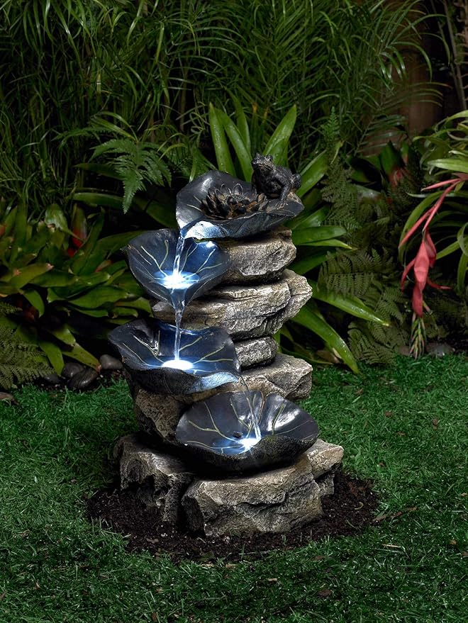 Frog and Four Lily Pad 21" High Large Rustic Indoor Outdoor Cottage Core Decor Faux Stone Floor Fountain with Light LED Standing Waterfall Water Feature for Outside Garden Patio Yard - John Timberland