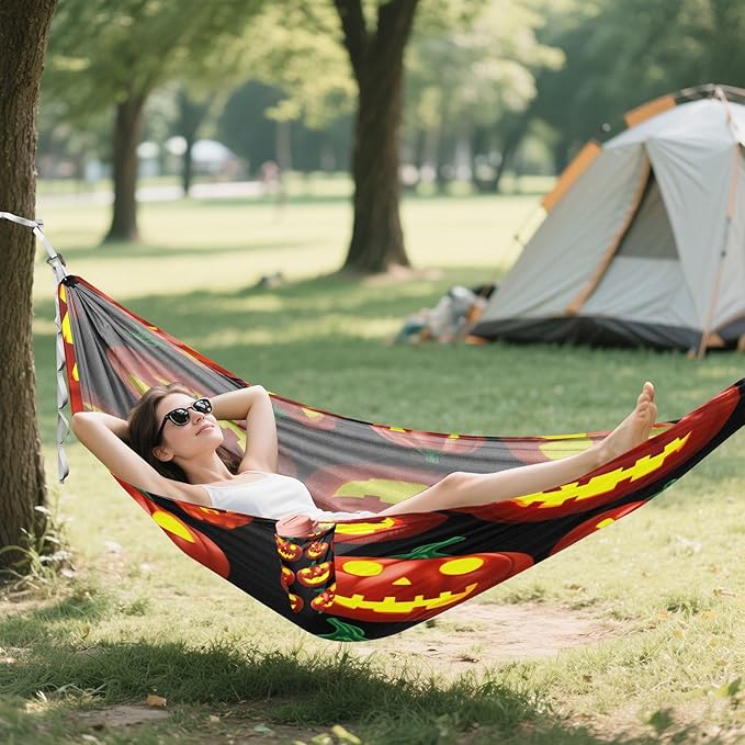 Hammocks for Outside Glowing Jack-o-Lanterns Camping Hammock Portable Hammocks with Tree Straps and Carry Bag Camping Accessories for Hiking Beach Outdoor